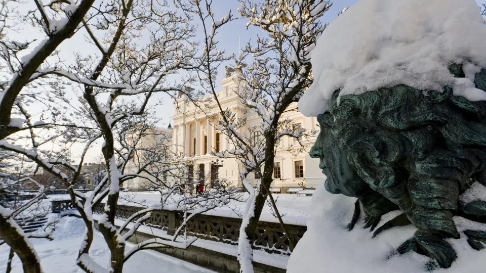 Universitetshuset en vinterdag med snö. Foto.