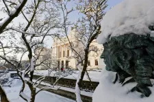 Universitetshuset en vinterdag med snö. Foto.